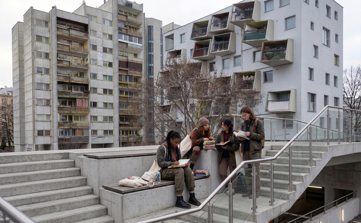 Young women reading and writing on stairs at Karlheinz-Hora-Hof